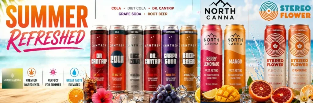 Six cans of soda in various flavors with fruit and ice cubes