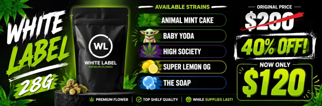 Cannabis strains listed on a black background with colorful accents and cartoon characters