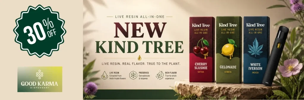 Advertisement for Kind Tree cannabis product with green and red text on beige background