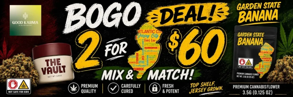 Black background with white, yellow and green text advertising cannabis deals in New Jersey